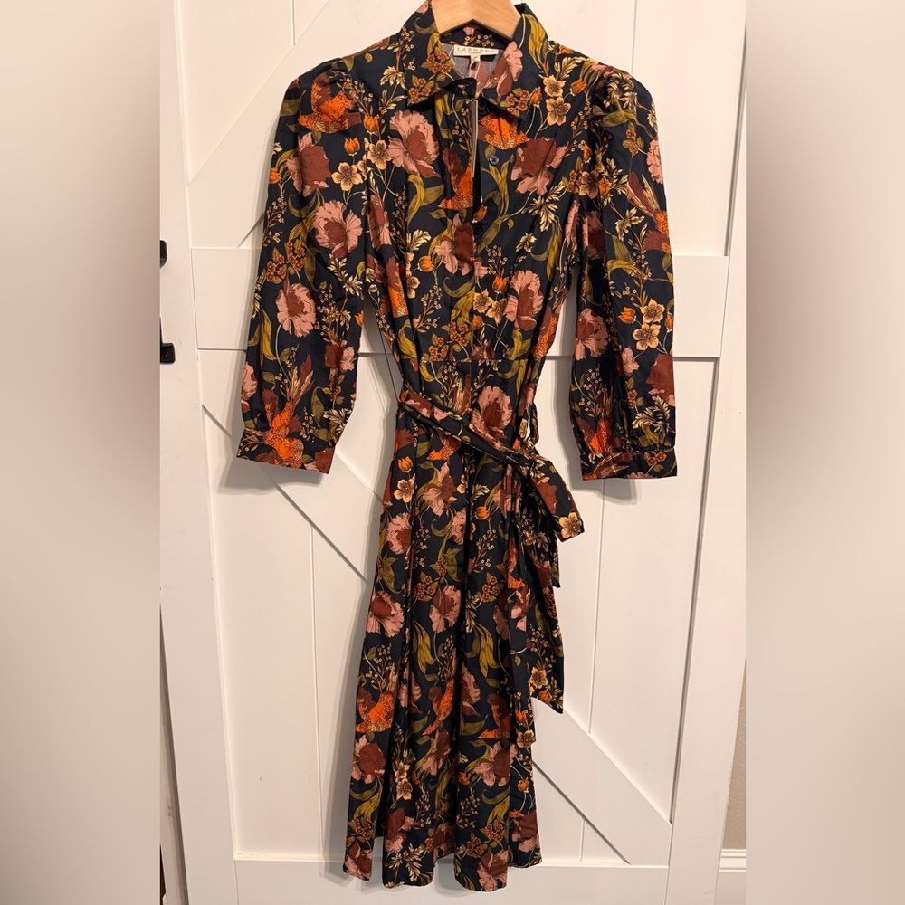 Floral Tie-Waist Midi Dress in Black with Rust and Pink Accents
